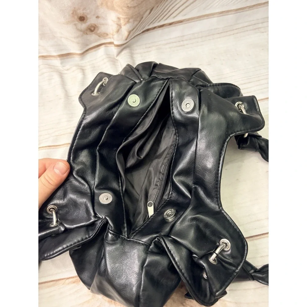 Y2K Black Slouch Mini Hobo Shoulder Bag Knot Strap Soft Faux Leather Purse